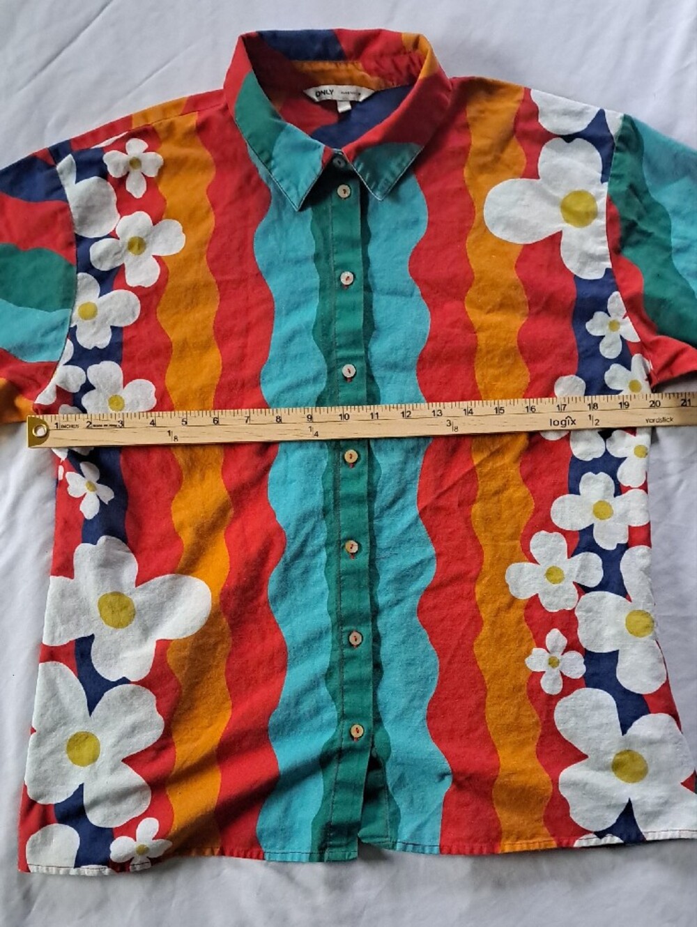 ONLY Multicolor Bold Floral Wave Print Button-Up Top Size L Funky Pop Art Boho - Picture 8 of 16